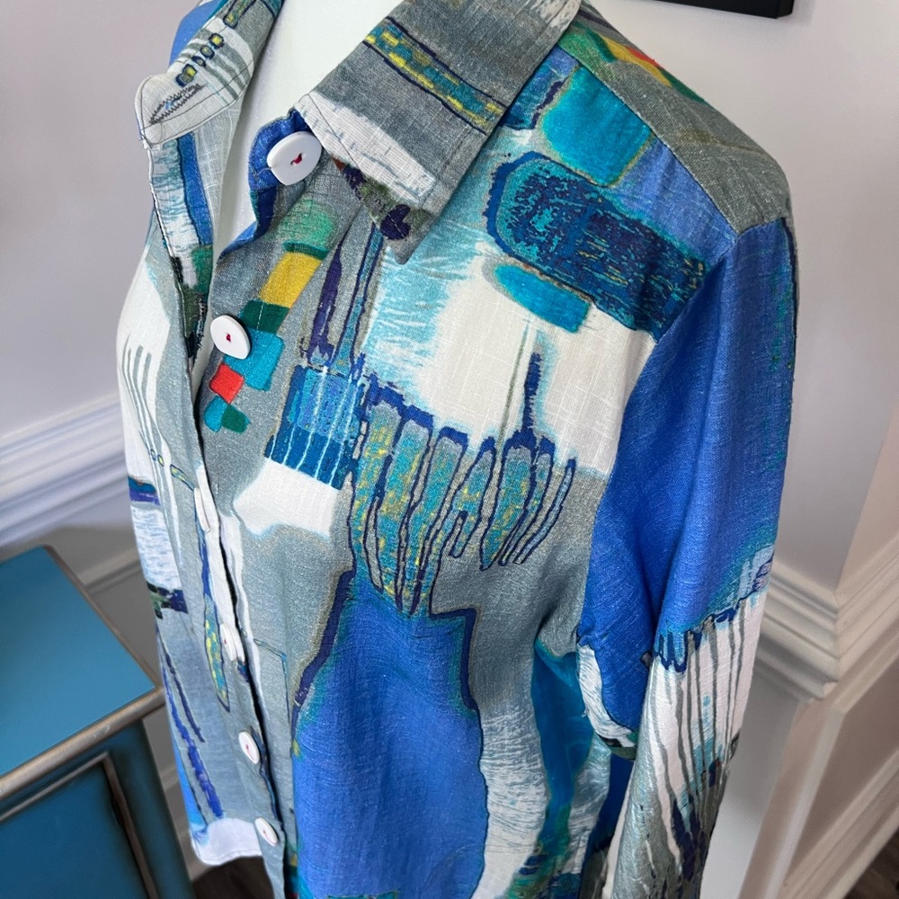 Parsley & Sage Blue & Sage Graphic Button Down Shirt with pockets size L